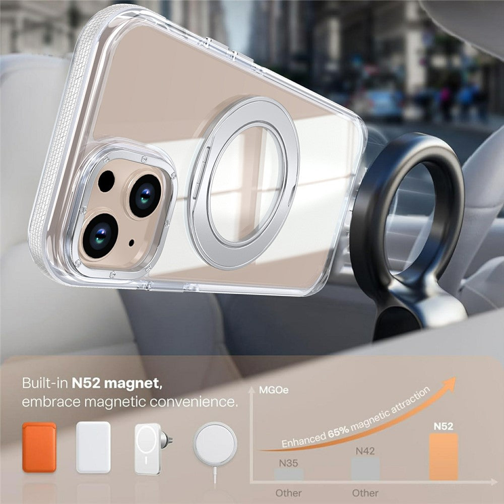 For iPhone 13  /  14 Magnetic Case Rotating Ring Kickstand Dual Color Acrylic + TPU Clear Phone Cover