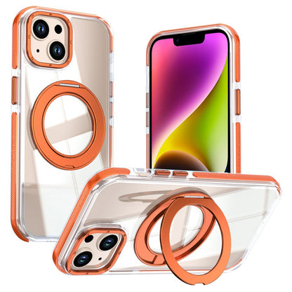 For iPhone 13  /  14 Magnetic Case Rotating Ring Kickstand Dual Color Acrylic + TPU Clear Phone Cover
