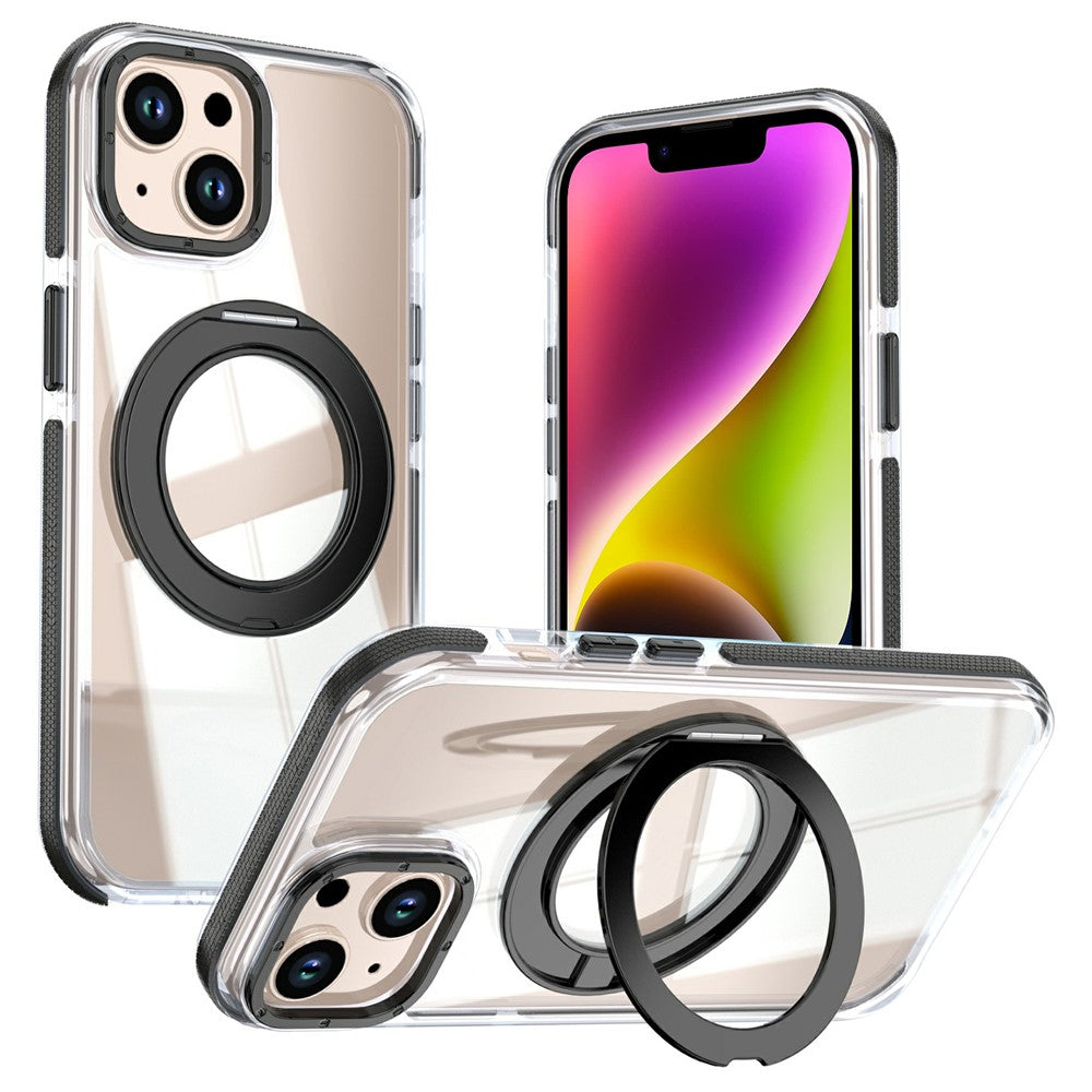 For iPhone 13  /  14 Magnetic Case Rotating Ring Kickstand Dual Color Acrylic + TPU Clear Phone Cover