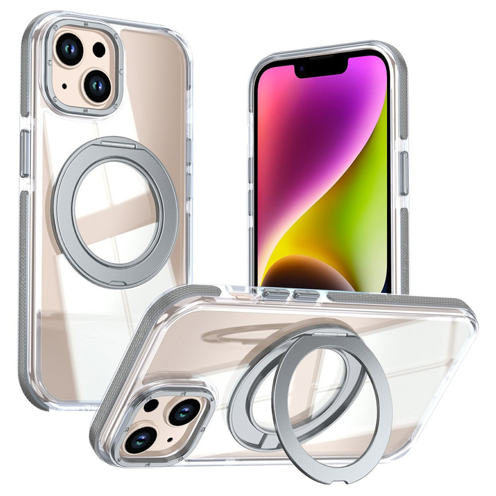 For iPhone 13  /  14 Magnetic Case Rotating Ring Kickstand Dual Color Acrylic + TPU Clear Phone Cover