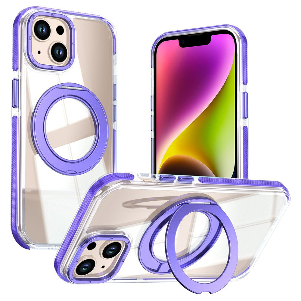 For iPhone 13  /  14 Magnetic Case Rotating Ring Kickstand Dual Color Acrylic + TPU Clear Phone Cover
