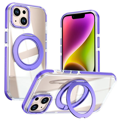 For iPhone 13  /  14 Magnetic Case Rotating Ring Kickstand Dual Color Acrylic + TPU Clear Phone Cover