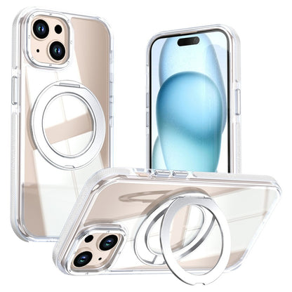 For iPhone 15 Magnetic Case Rotating Ring Kickstand Dual Color Acrylic + TPU Clear Phone Cover