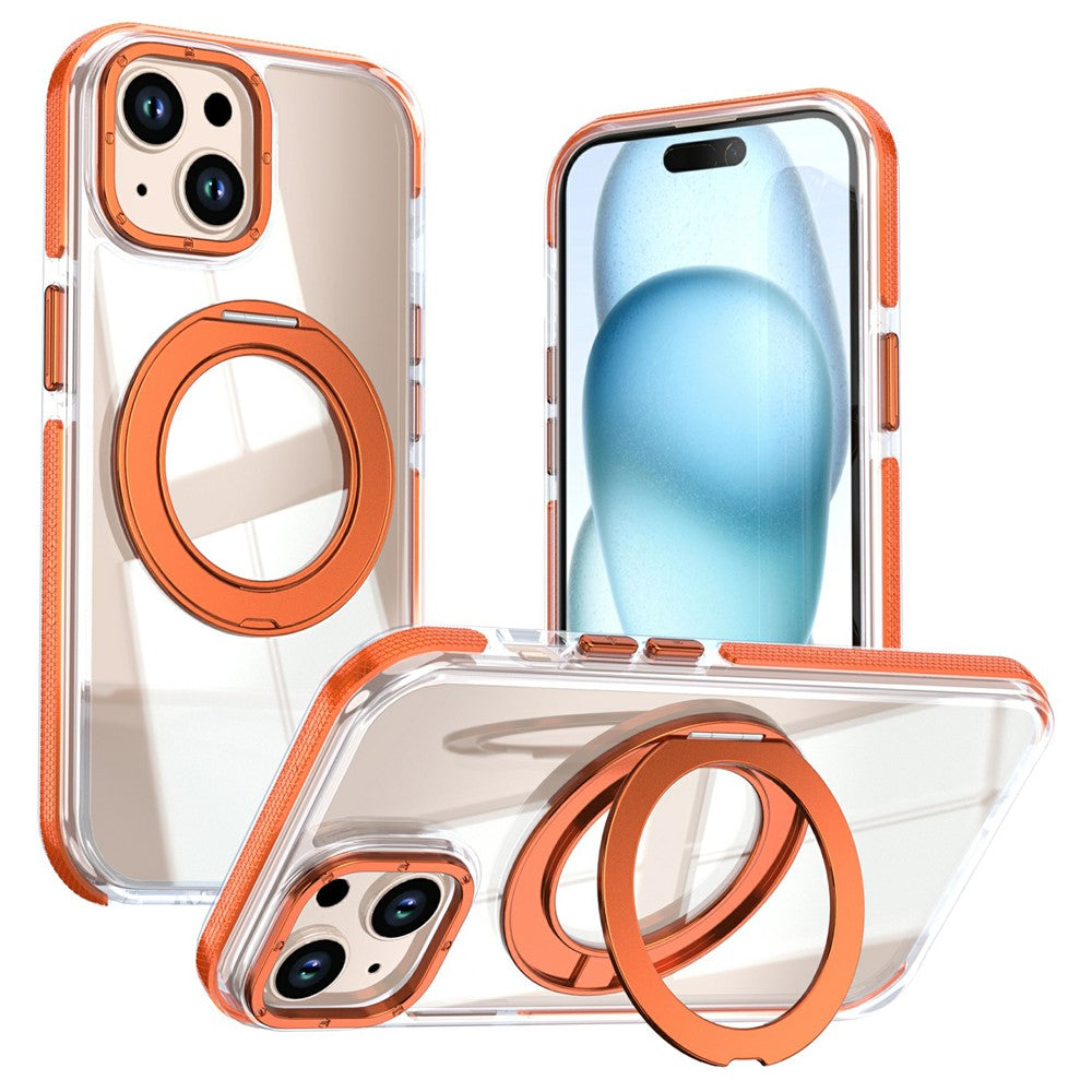 For iPhone 15 Magnetic Case Rotating Ring Kickstand Dual Color Acrylic + TPU Clear Phone Cover