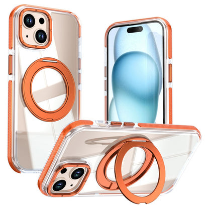For iPhone 15 Magnetic Case Rotating Ring Kickstand Dual Color Acrylic + TPU Clear Phone Cover