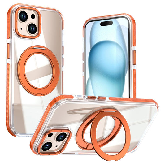 For iPhone 15 Magnetic Case Rotating Ring Kickstand Dual Color Acrylic + TPU Clear Phone Cover