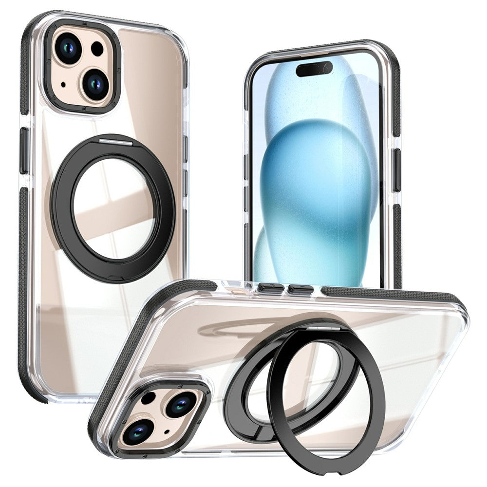 For iPhone 15 Magnetic Case Rotating Ring Kickstand Dual Color Acrylic + TPU Clear Phone Cover