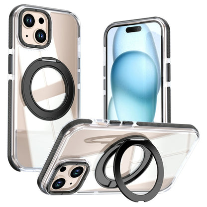 For iPhone 15 Magnetic Case Rotating Ring Kickstand Dual Color Acrylic + TPU Clear Phone Cover
