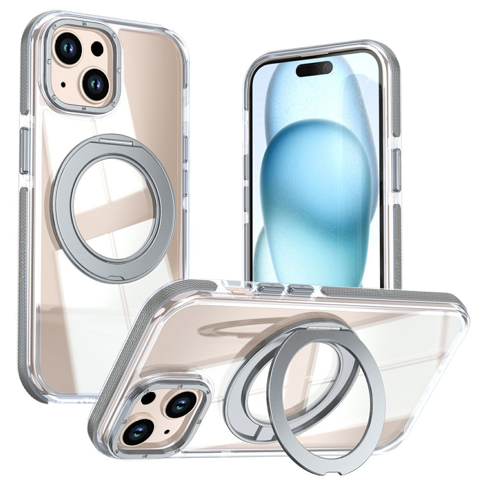 For iPhone 15 Magnetic Case Rotating Ring Kickstand Dual Color Acrylic + TPU Clear Phone Cover