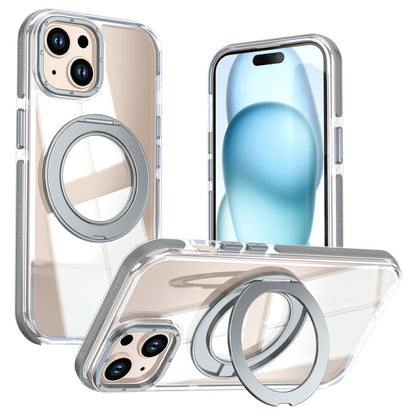 For iPhone 15 Magnetic Case Rotating Ring Kickstand Dual Color Acrylic + TPU Clear Phone Cover