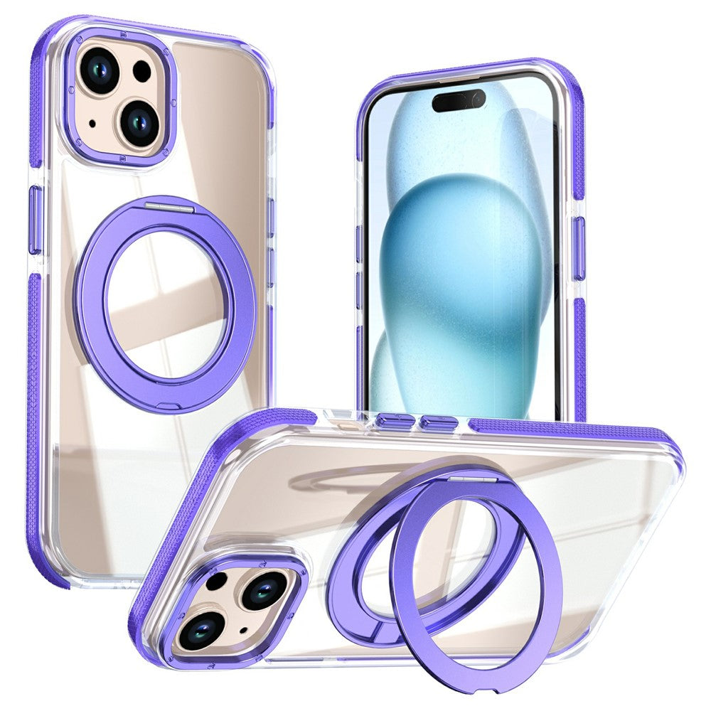 For iPhone 15 Magnetic Case Rotating Ring Kickstand Dual Color Acrylic + TPU Clear Phone Cover