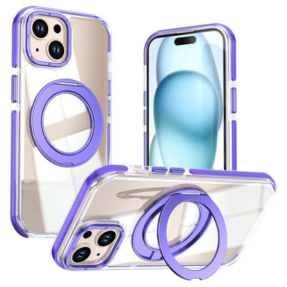 For iPhone 15 Magnetic Case Rotating Ring Kickstand Dual Color Acrylic + TPU Clear Phone Cover