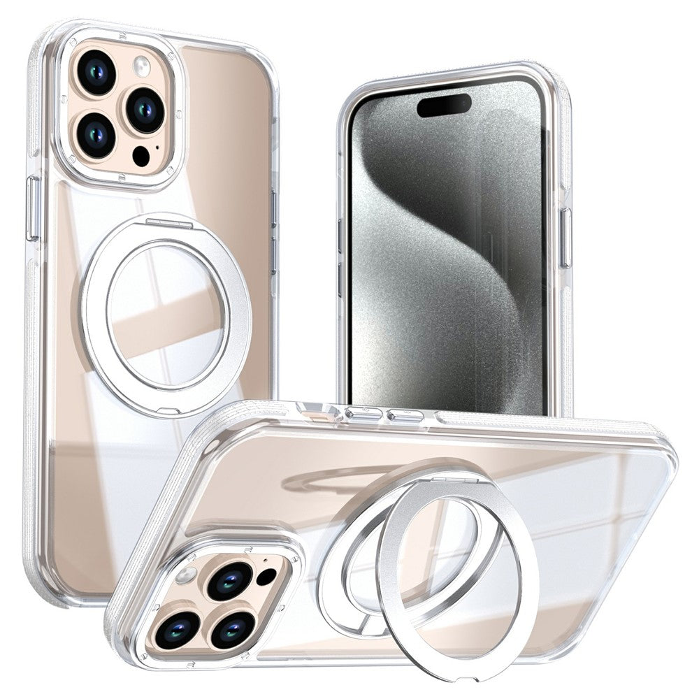 For iPhone 15 Pro Magnetic Case Rotating Ring Kickstand Dual Color Acrylic + TPU Clear Phone Cover