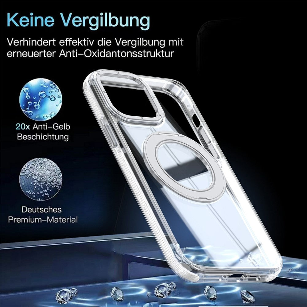 For iPhone 15 Pro Magnetic Case Rotating Ring Kickstand Dual Color Acrylic + TPU Clear Phone Cover