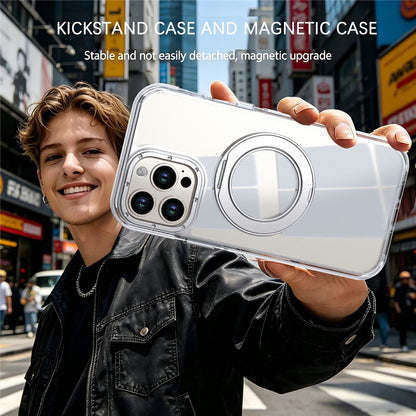 For iPhone 15 Pro Magnetic Case Rotating Ring Kickstand Dual Color Acrylic + TPU Clear Phone Cover