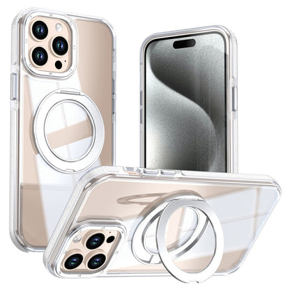 For iPhone 15 Pro Magnetic Case Rotating Ring Kickstand Dual Color Acrylic + TPU Clear Phone Cover