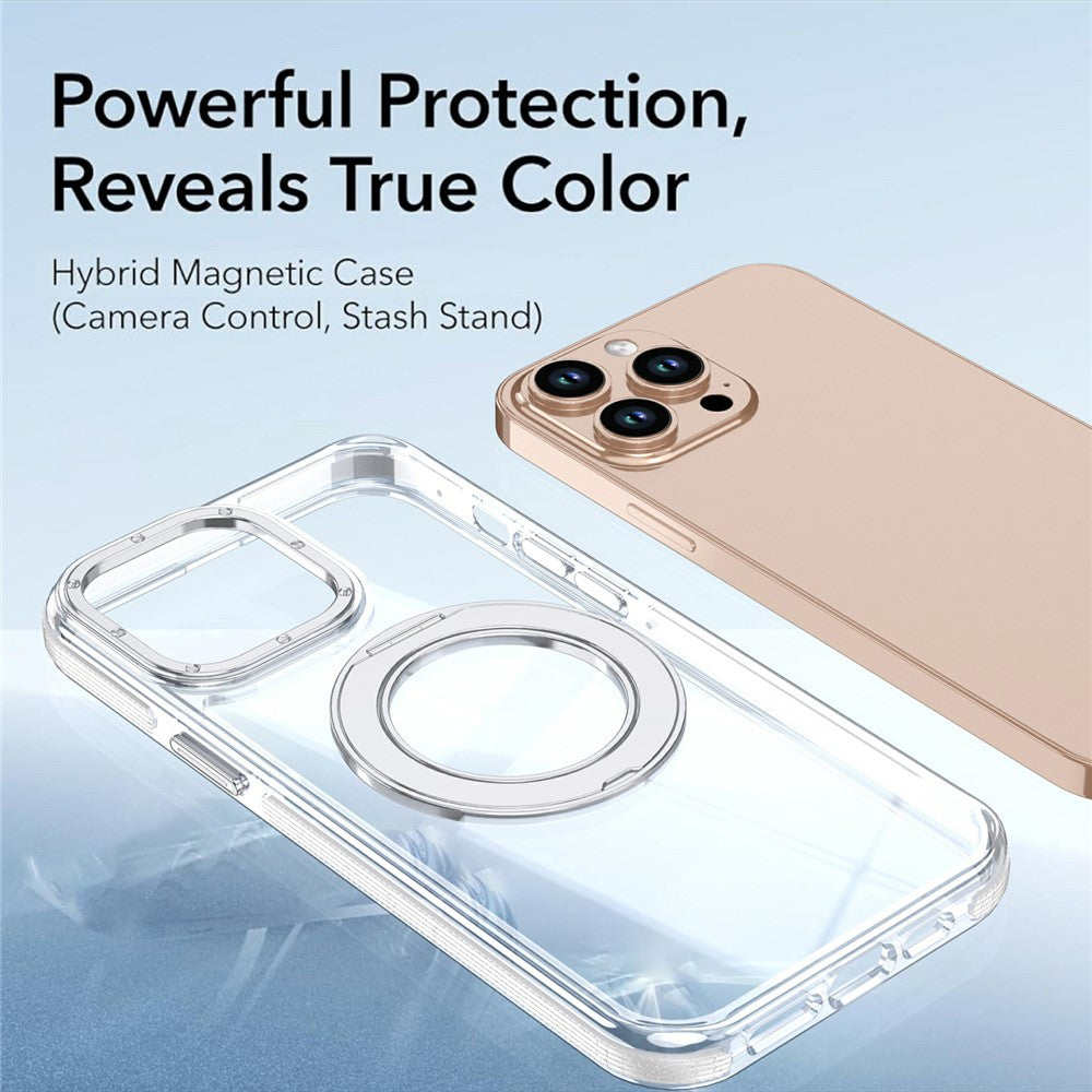 For iPhone 15 Pro Magnetic Case Rotating Ring Kickstand Dual Color Acrylic + TPU Clear Phone Cover