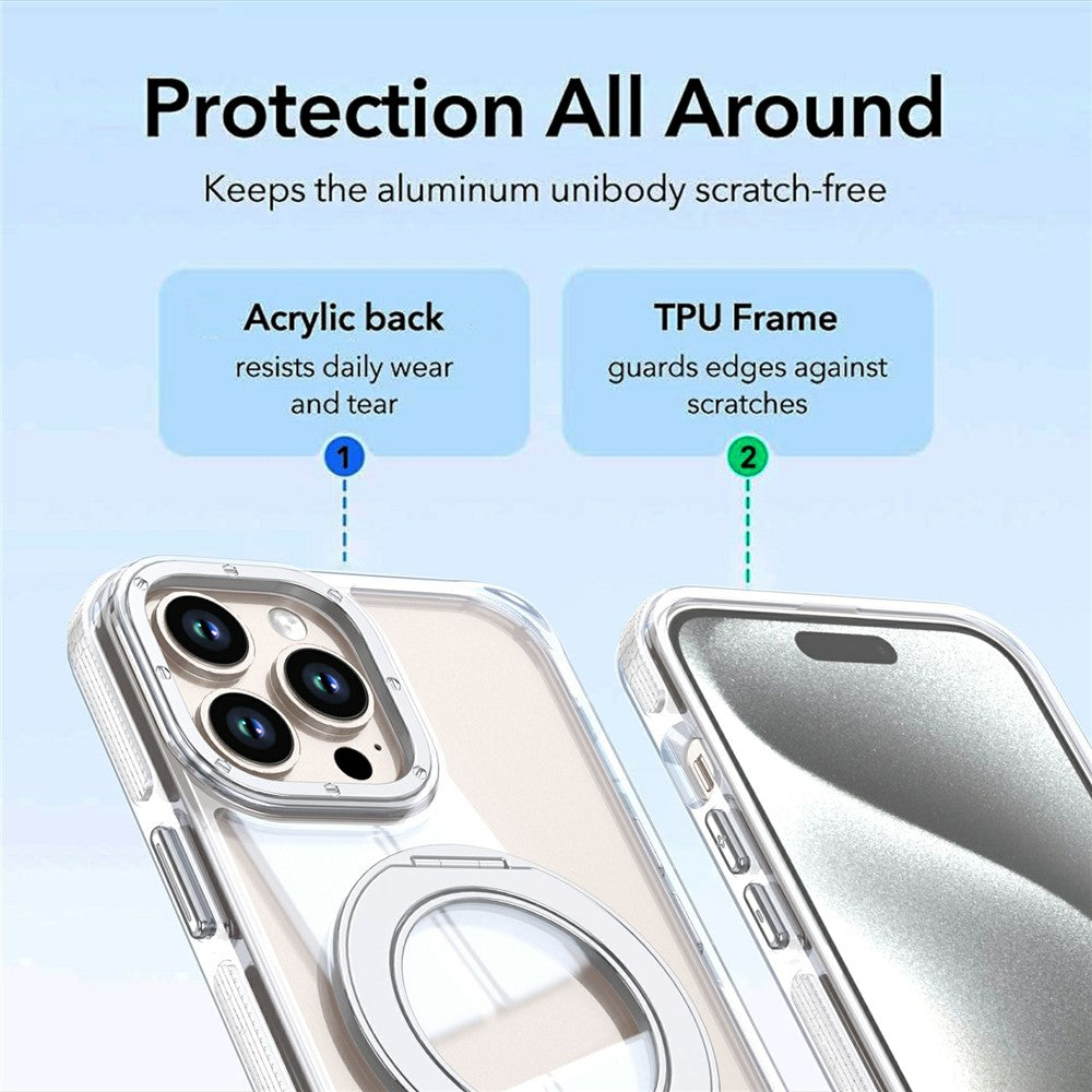 For iPhone 15 Pro Magnetic Case Rotating Ring Kickstand Dual Color Acrylic + TPU Clear Phone Cover