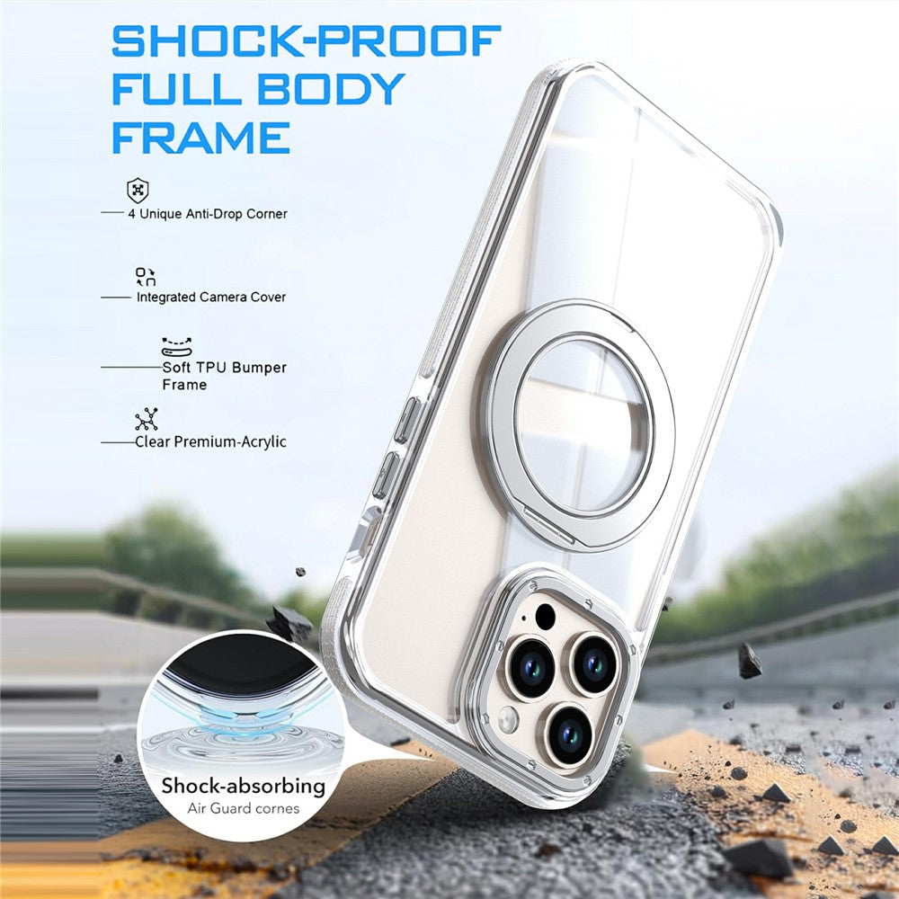 For iPhone 15 Pro Magnetic Case Rotating Ring Kickstand Dual Color Acrylic + TPU Clear Phone Cover