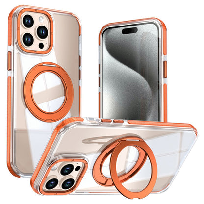 For iPhone 15 Pro Magnetic Case Rotating Ring Kickstand Dual Color Acrylic + TPU Clear Phone Cover
