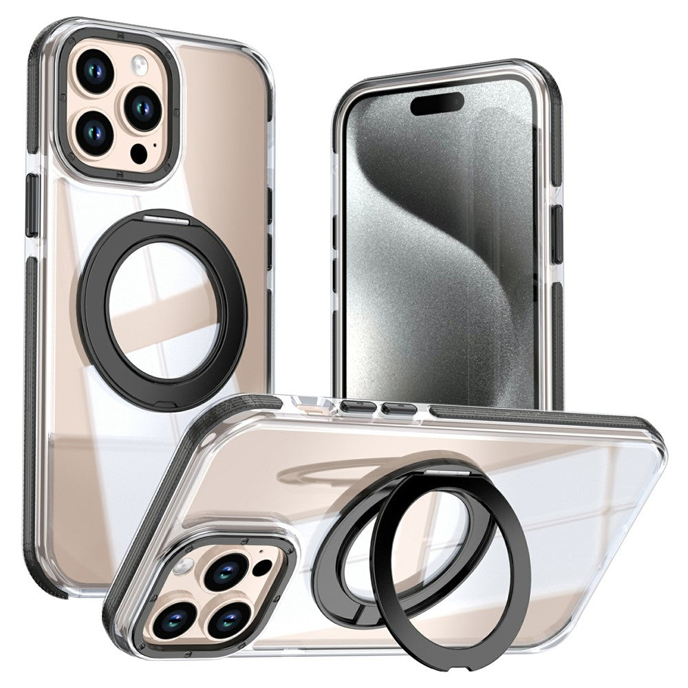 For iPhone 15 Pro Magnetic Case Rotating Ring Kickstand Dual Color Acrylic + TPU Clear Phone Cover