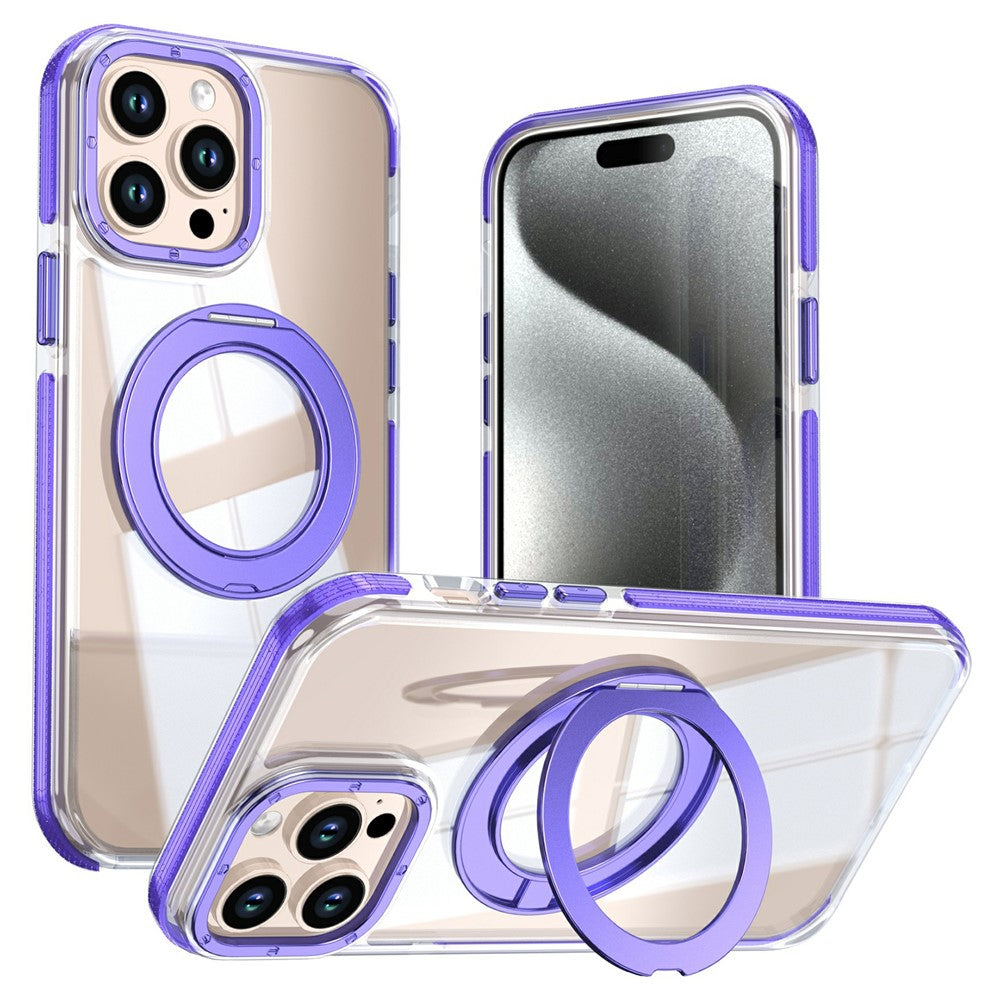 For iPhone 15 Pro Magnetic Case Rotating Ring Kickstand Dual Color Acrylic + TPU Clear Phone Cover