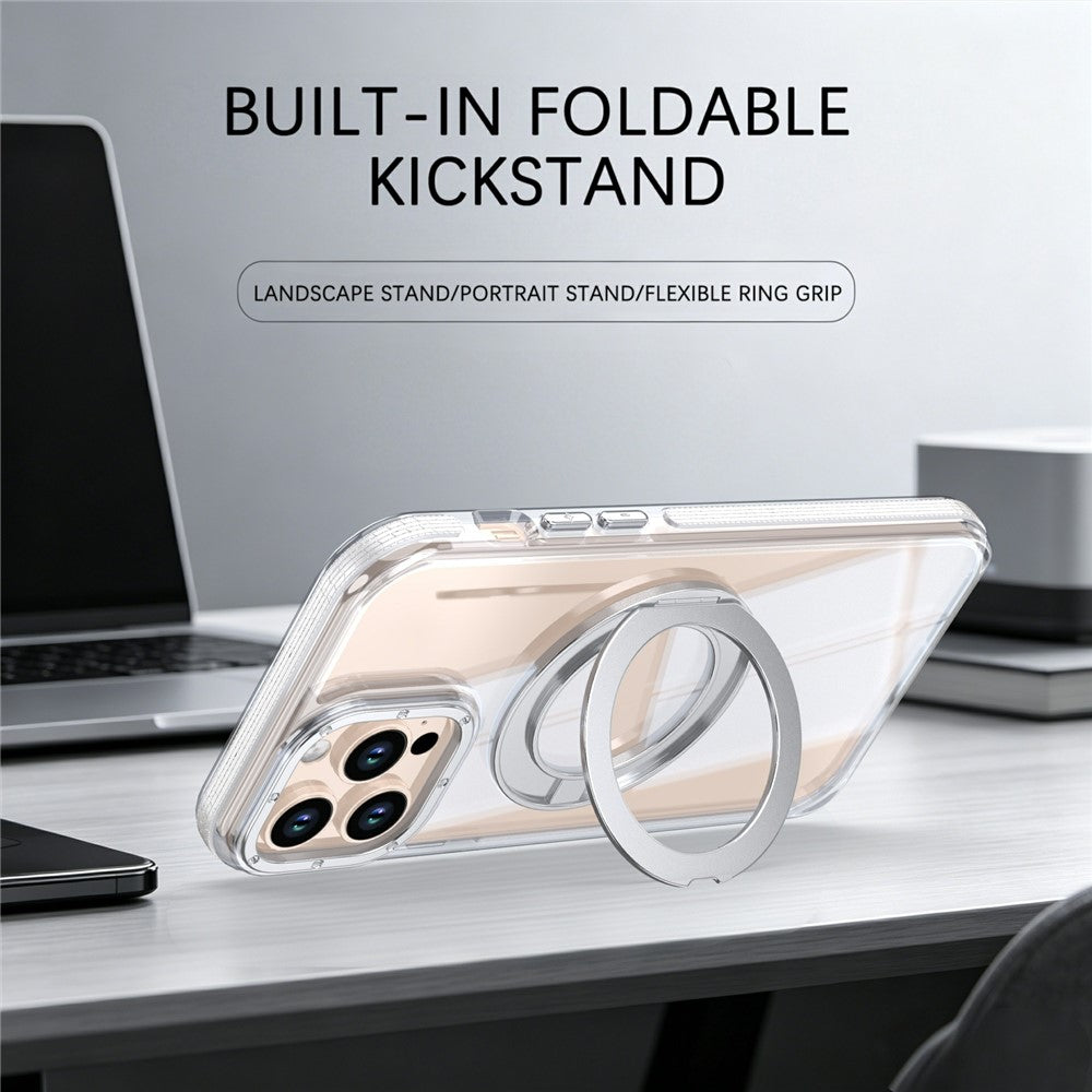 For iPhone 15 Pro Max Magnetic Case Rotating Ring Kickstand Dual Color Acrylic + TPU Clear Phone Cover