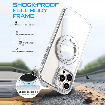 For iPhone 15 Pro Max Magnetic Case Rotating Ring Kickstand Dual Color Acrylic + TPU Clear Phone Cover