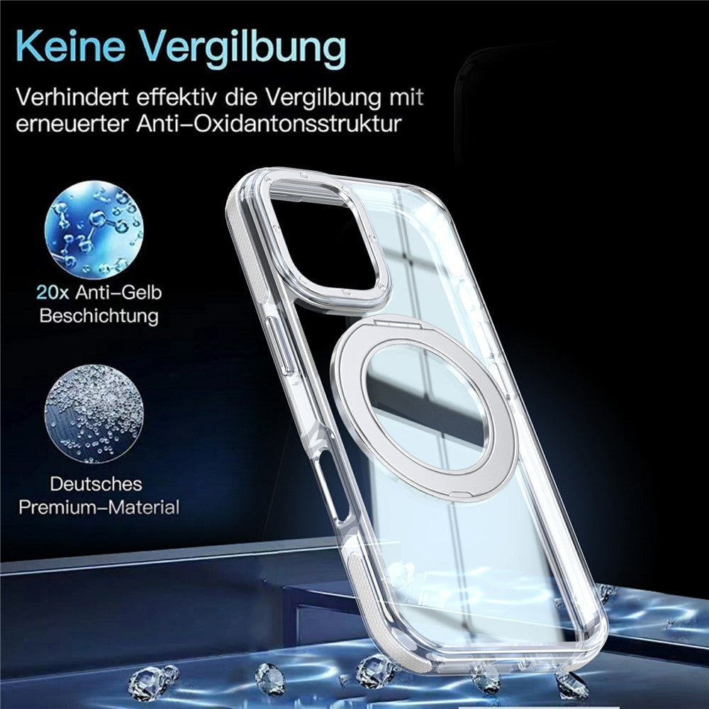 For iPhone 16 Magnetic Case Rotating Ring Kickstand Dual Color Acrylic + TPU Clear Phone Cover