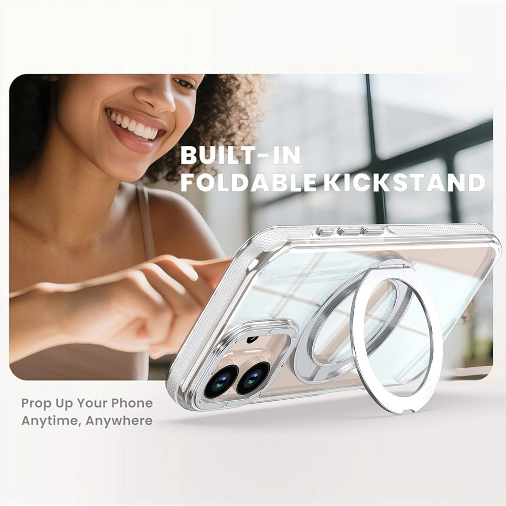 For iPhone 16 Magnetic Case Rotating Ring Kickstand Dual Color Acrylic + TPU Clear Phone Cover