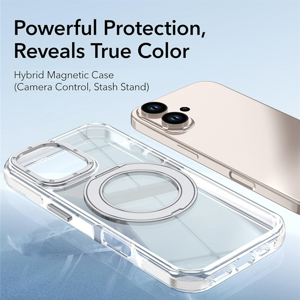 For iPhone 16 Magnetic Case Rotating Ring Kickstand Dual Color Acrylic + TPU Clear Phone Cover