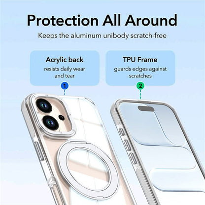 For iPhone 16 Magnetic Case Rotating Ring Kickstand Dual Color Acrylic + TPU Clear Phone Cover
