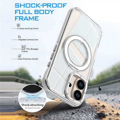 For iPhone 16 Magnetic Case Rotating Ring Kickstand Dual Color Acrylic + TPU Clear Phone Cover