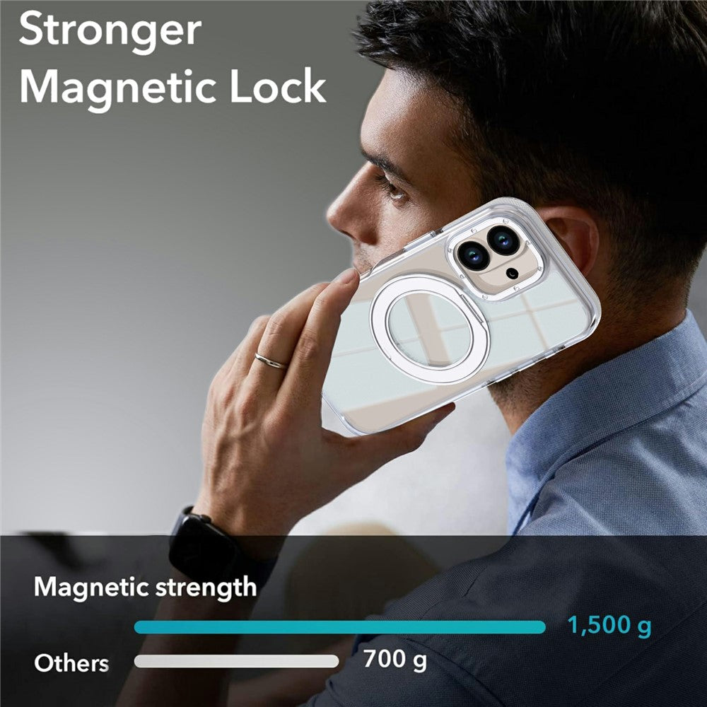For iPhone 16 Magnetic Case Rotating Ring Kickstand Dual Color Acrylic + TPU Clear Phone Cover