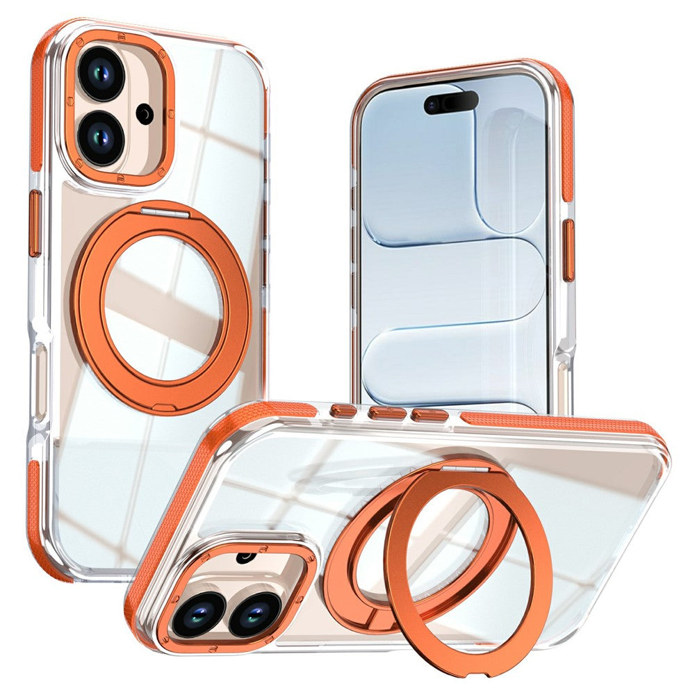 For iPhone 16 Magnetic Case Rotating Ring Kickstand Dual Color Acrylic + TPU Clear Phone Cover