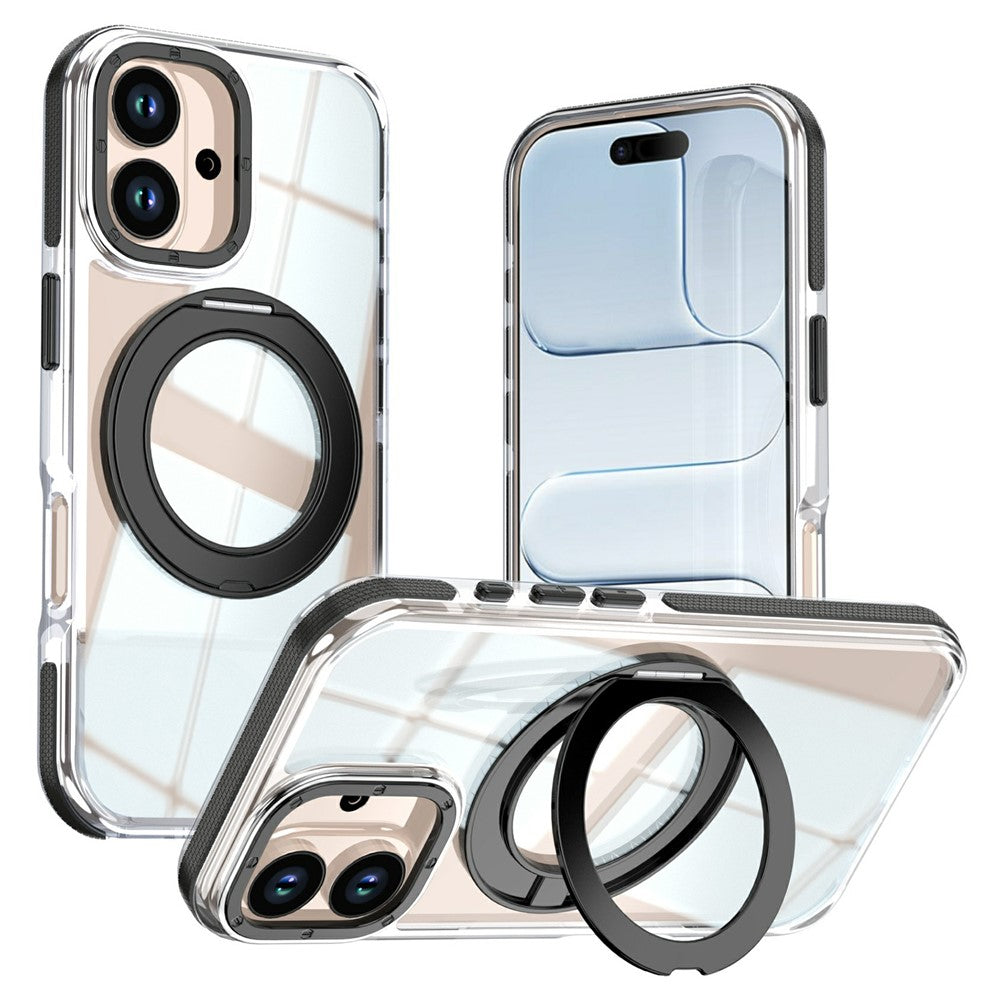 For iPhone 16 Magnetic Case Rotating Ring Kickstand Dual Color Acrylic + TPU Clear Phone Cover