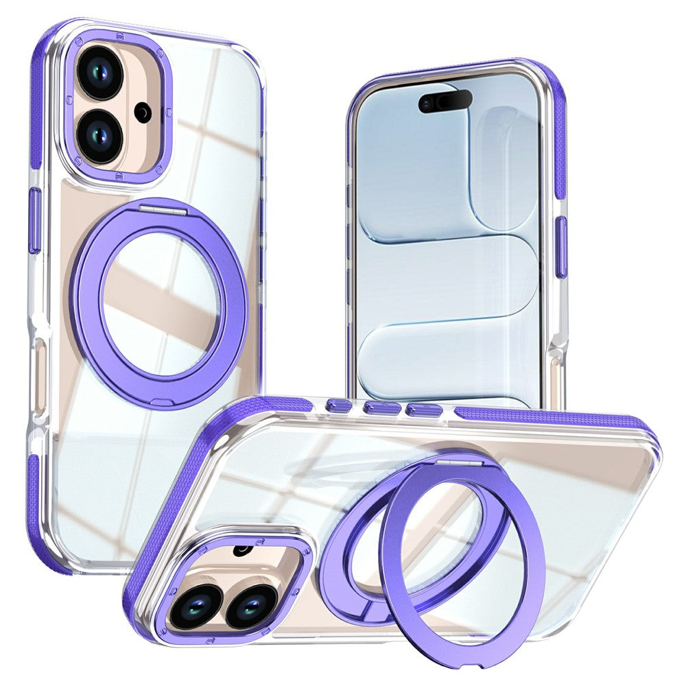 For iPhone 16 Magnetic Case Rotating Ring Kickstand Dual Color Acrylic + TPU Clear Phone Cover
