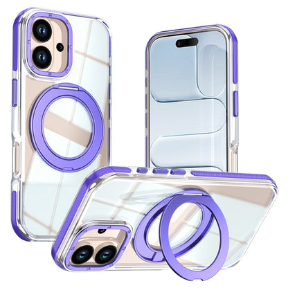 For iPhone 16 Magnetic Case Rotating Ring Kickstand Dual Color Acrylic + TPU Clear Phone Cover