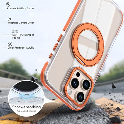For iPhone 16 Pro Magnetic Case Rotating Ring Kickstand Dual Color Acrylic + TPU Clear Phone Cover