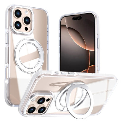 For iPhone 16 Pro Magnetic Case Rotating Ring Kickstand Dual Color Acrylic + TPU Clear Phone Cover