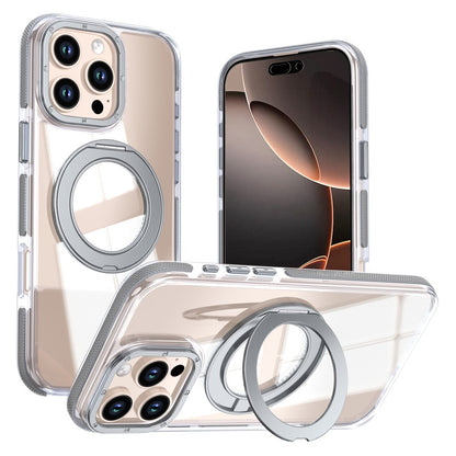 For iPhone 16 Pro Magnetic Case Rotating Ring Kickstand Dual Color Acrylic + TPU Clear Phone Cover