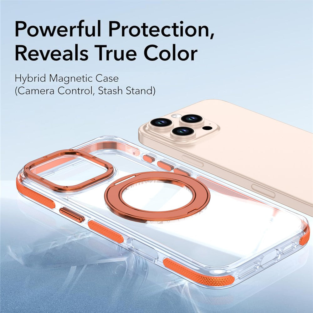 For iPhone 16 Pro Max Magnetic Case Rotating Ring Kickstand Dual Color Acrylic + TPU Clear Phone Cover