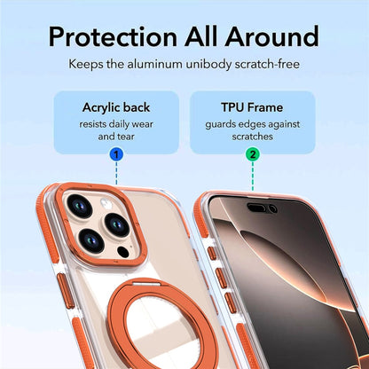 For iPhone 16 Pro Max Magnetic Case Rotating Ring Kickstand Dual Color Acrylic + TPU Clear Phone Cover