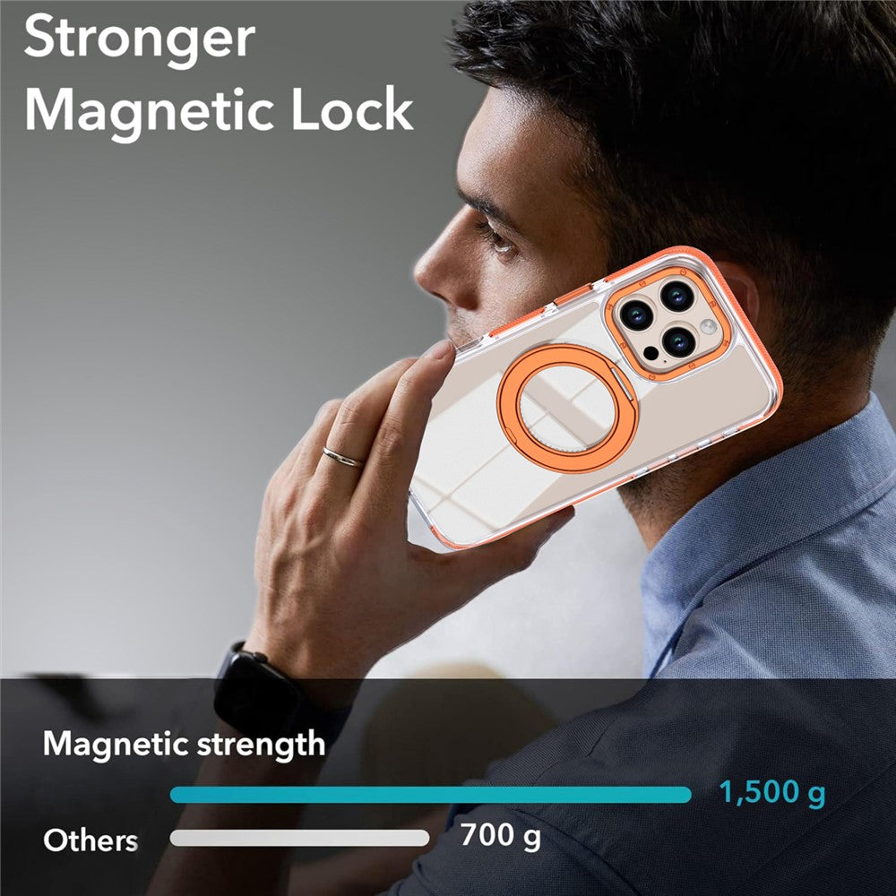 For iPhone 16 Pro Max Magnetic Case Rotating Ring Kickstand Dual Color Acrylic + TPU Clear Phone Cover