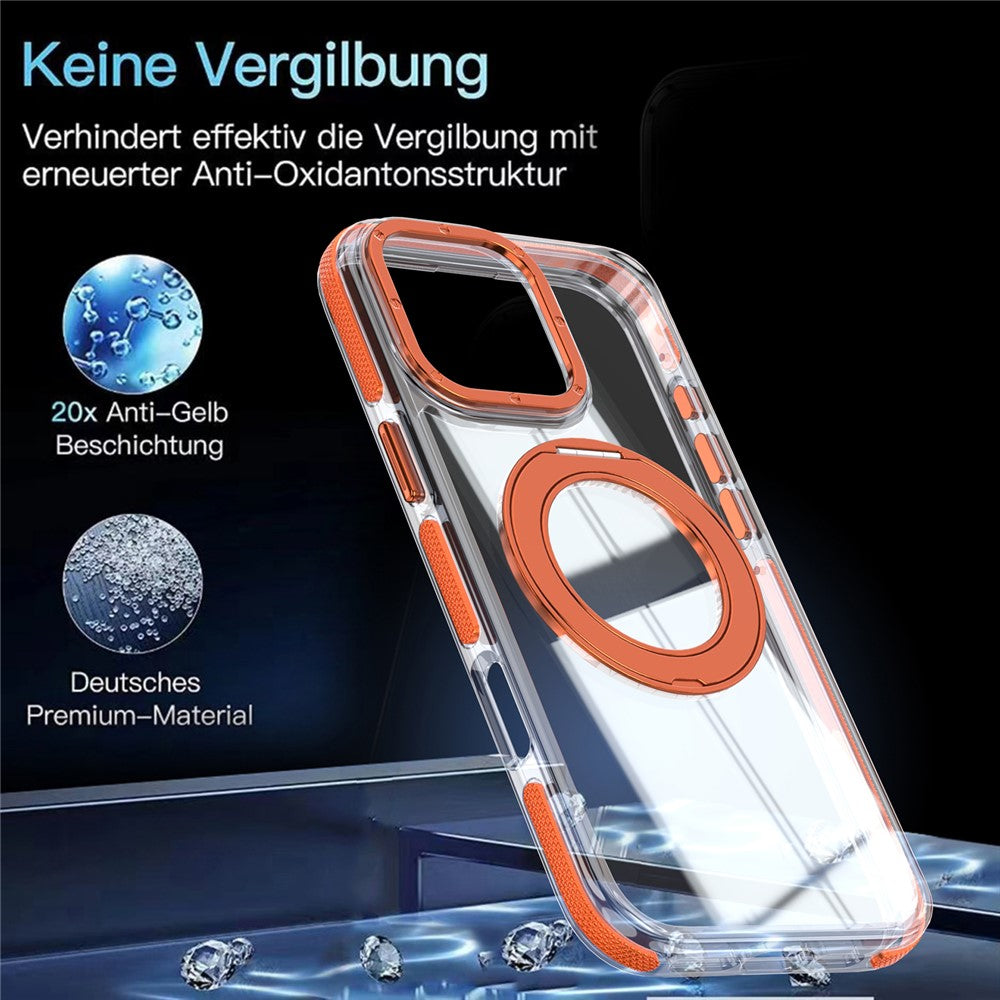 For iPhone 16 Pro Max Magnetic Case Rotating Ring Kickstand Dual Color Acrylic + TPU Clear Phone Cover