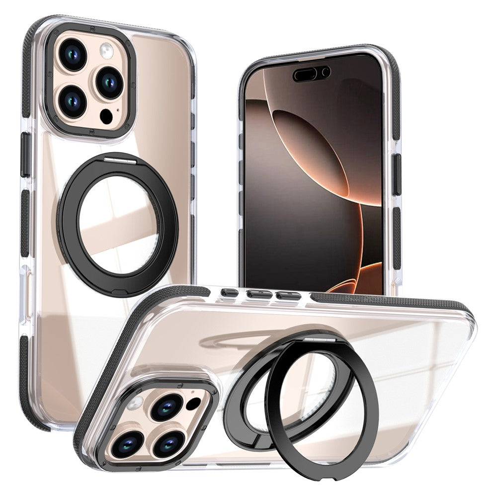 For iPhone 16 Pro Max Magnetic Case Rotating Ring Kickstand Dual Color Acrylic + TPU Clear Phone Cover