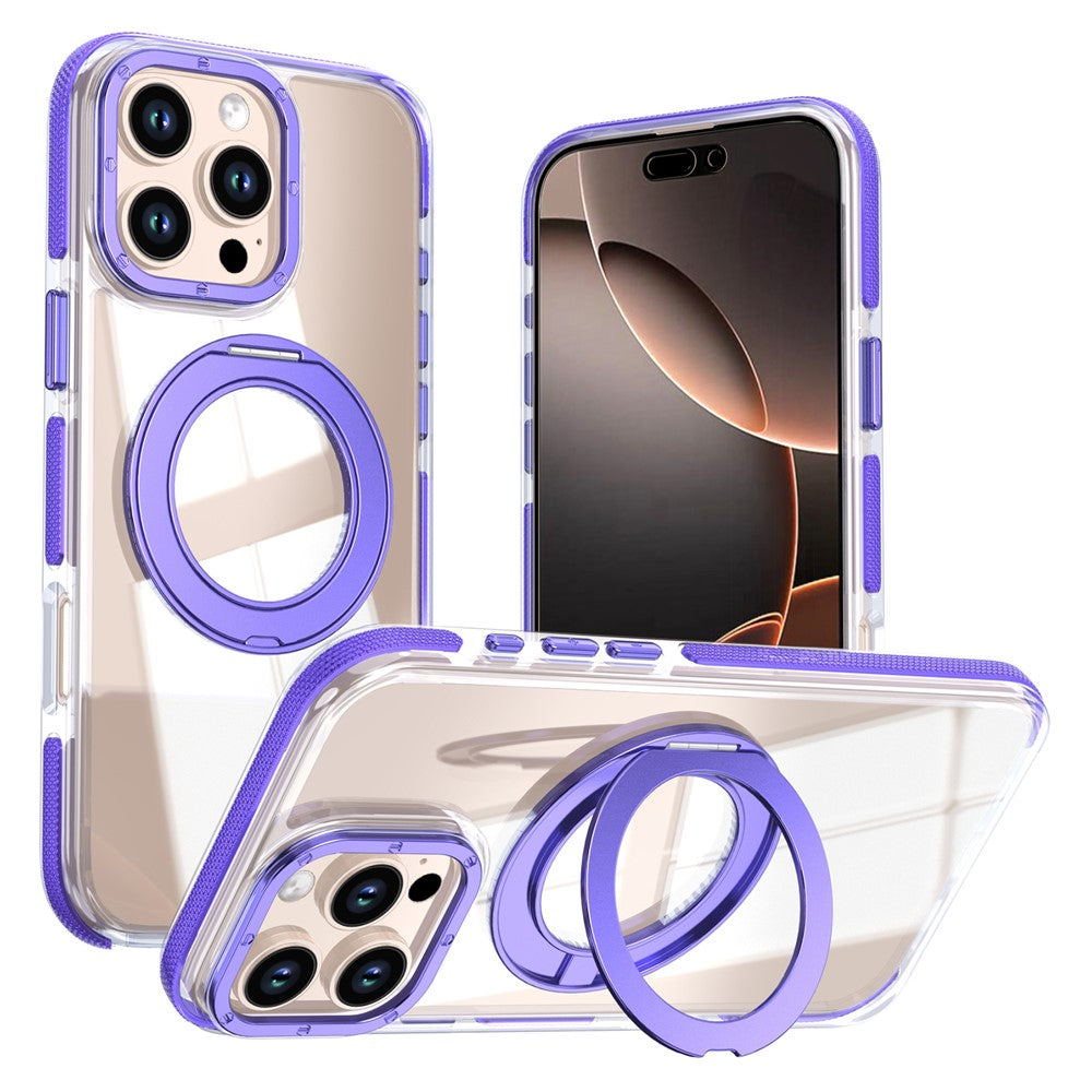 For iPhone 16 Pro Max Magnetic Case Rotating Ring Kickstand Dual Color Acrylic + TPU Clear Phone Cover