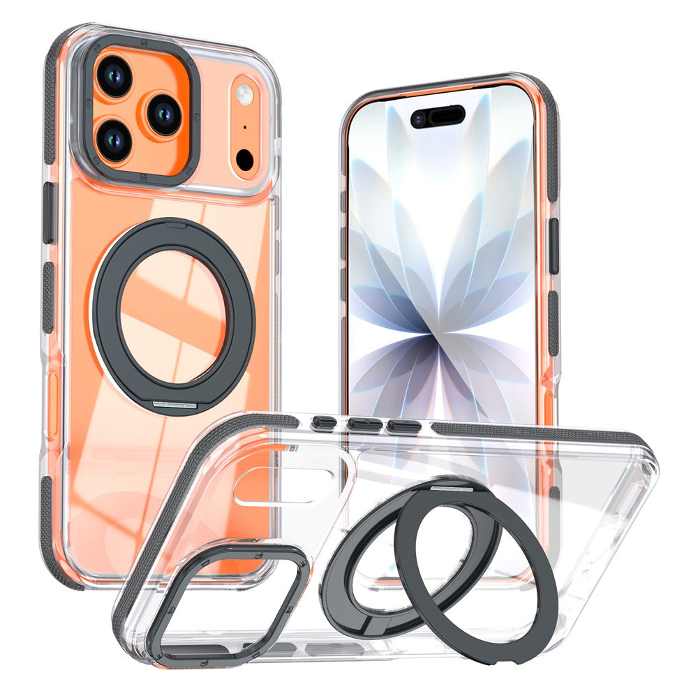 For iPhone 17 Pro Max Magnetic Case Rotating Ring Kickstand Dual Color Acrylic + TPU Clear Phone Cover