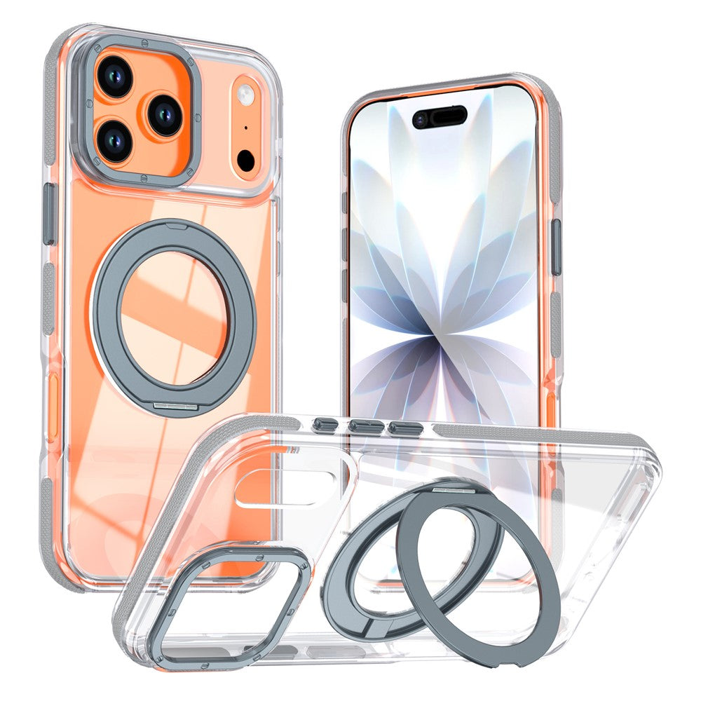 For iPhone 17 Pro Max Magnetic Case Rotating Ring Kickstand Dual Color Acrylic + TPU Clear Phone Cover
