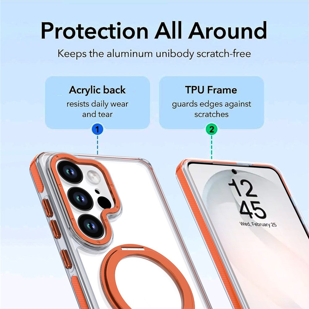 For Samsung Galaxy S25 Ultra Magnetic Case Rotating Ring Kickstand Dual Color Acrylic + TPU Clear Phone Cover